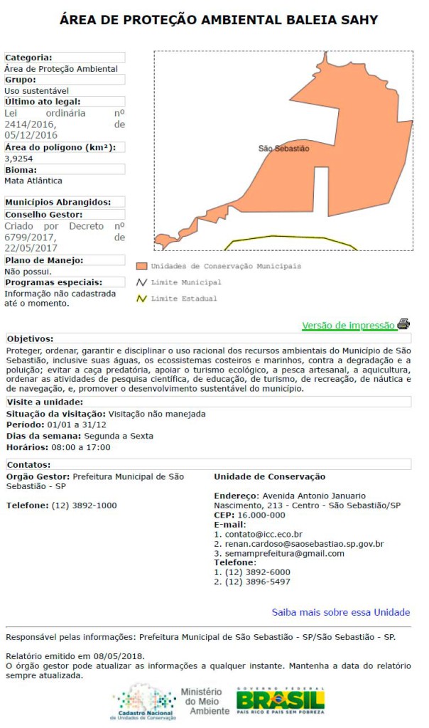 APA Baleia Sahy no Cadastro Nacional de Unidades de Conservação do Ministério do Meio Ambiente