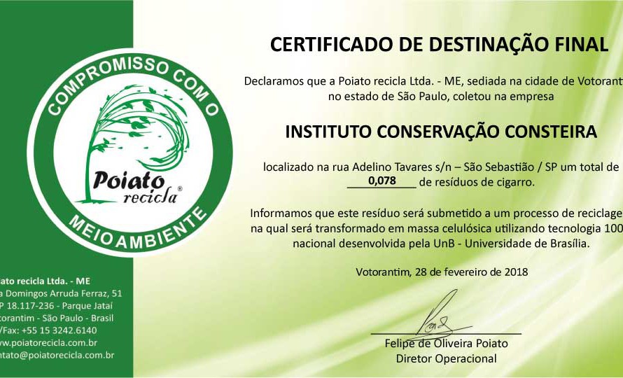 Certificado - Poiato Recicla - Coletores de Bitucas Praia da Baleia e Vila Sahy - ICC