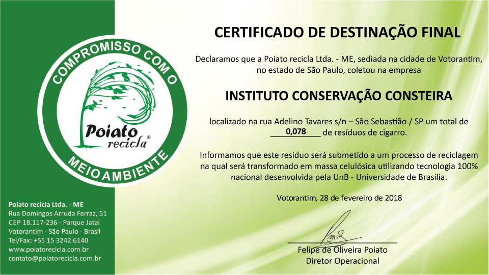 Certificado - Poiato Recicla - Coletores de Bitucas Praia da Baleia e Vila Sahy - ICC