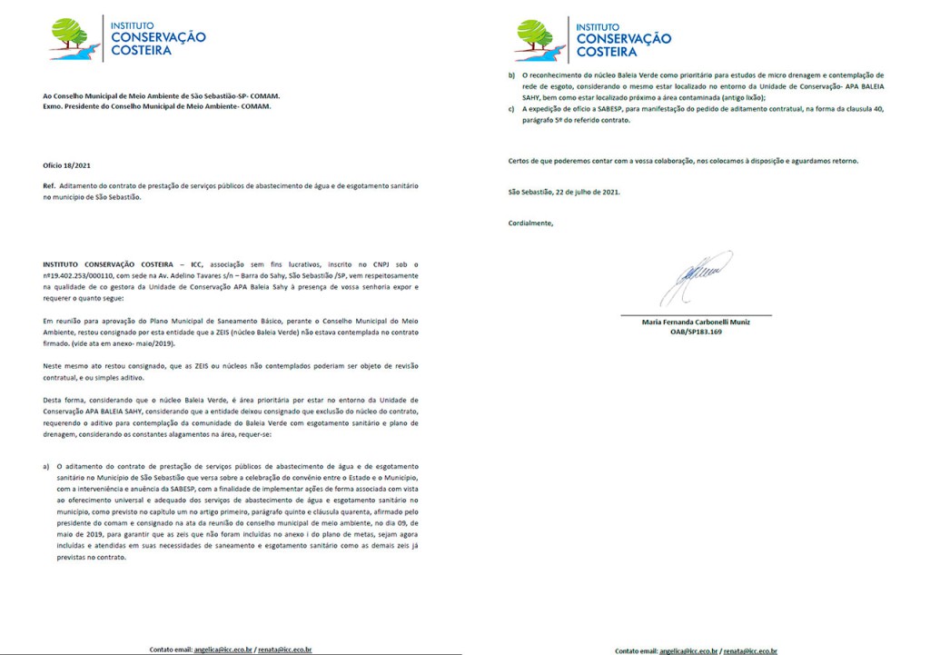 Ofício ICC - Conselho Municipal do Meio Ambiente e Ministério Público, referente a alguns pontos da minuta de contrato e do plano de metas traçados entre a SABESP e a Prefeitura Municipal de São Sebastião